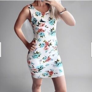 Floral Print Open Back Slim Bodycon Stretch Dress S